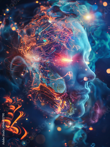 Futuristic abstract depiction human mind glowing energy light  creativity imagination consciousness.