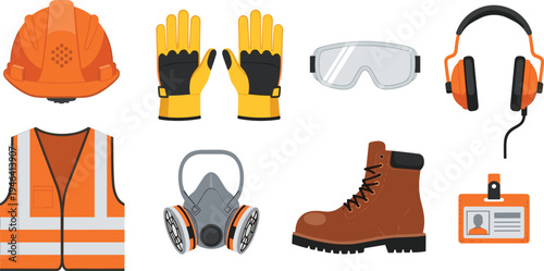 Vector illustration of construction safety equipment including helmet gloves goggles earmuffs vest respirator boots badge protective gear industrial design