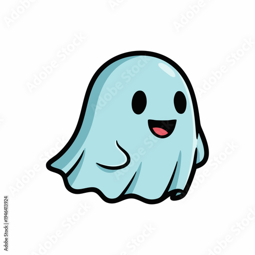 Cute happy blue ghost character floating cartoon illustration.
