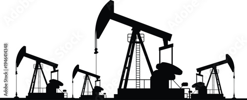 Silhouette of multiple oil pumpjacks operating in a field with a white background black