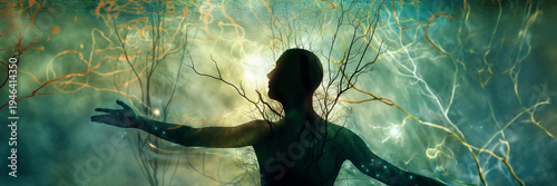 Silhouette abstract portrait human head face blend green tree leaves organic root harmony humanity nature panorama.