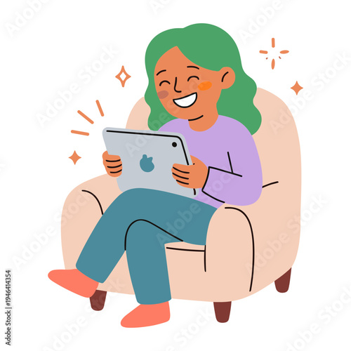 Woman sitting in chair happily holding tablet indoors smiling