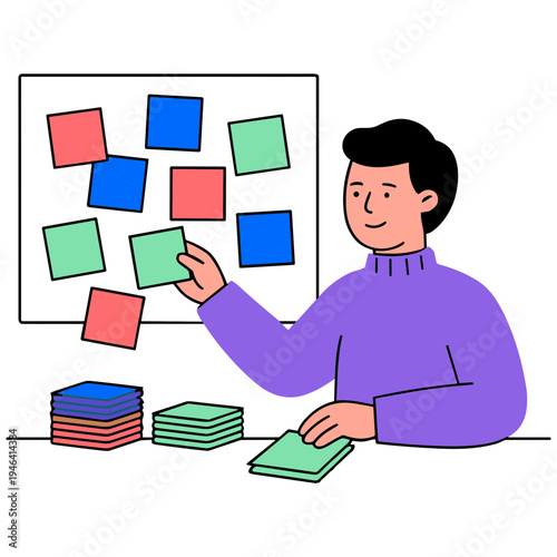Man arranging colorful sticky notes on a board in an office