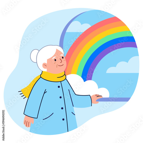 Elderly woman smiling under vibrant rainbow in cloudy sky