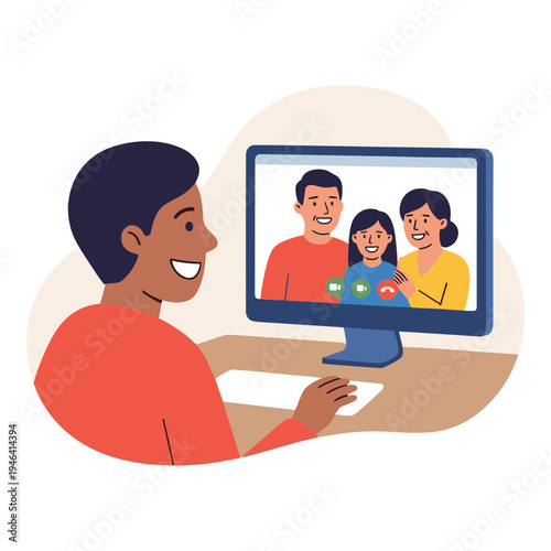 Man video chatting with family on computer at home office desk