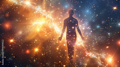 Human form flow wave luminous fractal energy radiate colorful light vibrant spectrum.