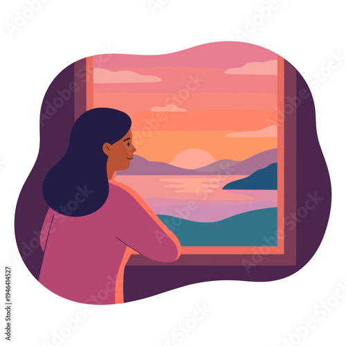Woman gazes out window at serene lake landscape during sunset.