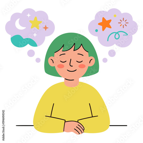 Woman meditates peacefully with dreamy thoughts and stars in her mind