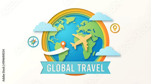 Global Travel illustration representing journeys around the world with airplane, compass and location pin icons