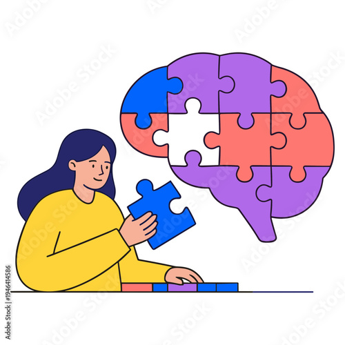 Woman solving colorful puzzle pieces in brain illustration