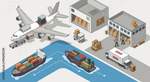 Cargo ships and airplane transporting containers.