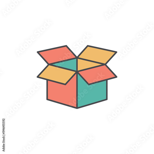 Open multicolored cardboard delivery box icon on white background