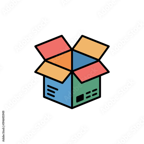 Open multicolored cardboard shipping box icon with markings on white background