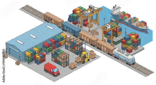 Industrial warehouse with cargo containers.
