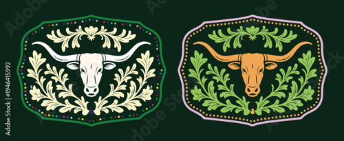 longhorn bull western belt buckle emblem with floral ornament frame, wild west cowboy rodeo label badge design, vintage ranch style gold and green decorative silhouette vector illustration.