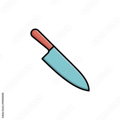 Outlined kitchen chef knife with red handle and blue blade