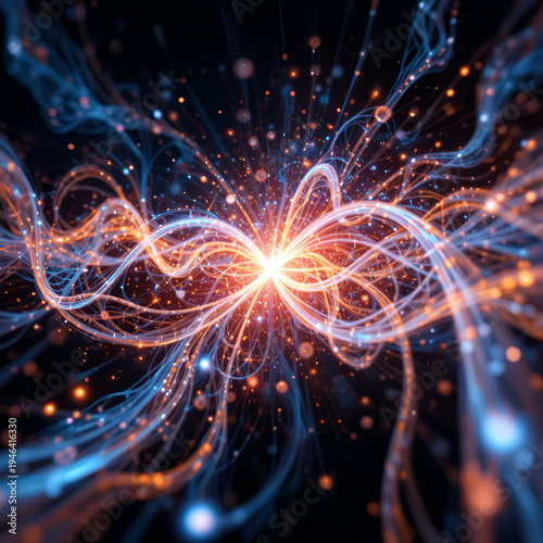 Dynamic abstract representation of subatomic energy flow, depicting wave functions, vibrational patterns, and complex quantum probability fields, pattern, computation, pulse