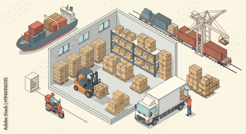 Logistics warehouse operations with trucks.