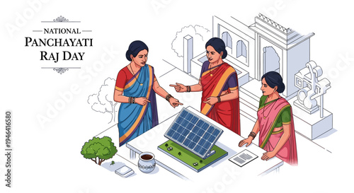 Women in traditional Indian clothing discuss solar panel and rural development on National Panchayati Raj Day in a village setting.