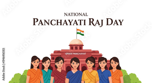 National Panchayati Raj Day illustration with people standing in front of a Gram Panchayat building in India