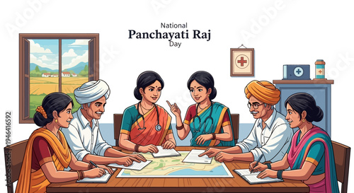 People in a meeting on National Panchayati Raj Day discussing rural governance and development in India.