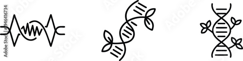 Minimalist Biotechnology Icon Set DNA Double Helix with Organic Leaf Growth and Waveform Data Concepts