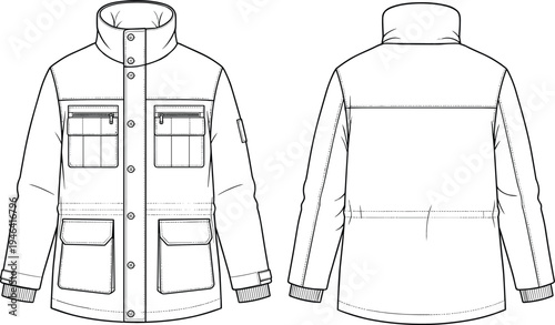 Cad drawing flat vector illustration of utility winter jacket with high collar, large front pockets, ribbed cuffs, fashion sketch design