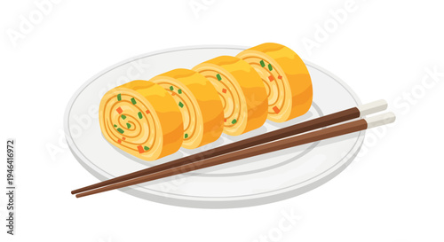 Four thick slices of a yellow rolled omelet studded with small orange carrots and green scallions rest across a glossy white plate, gracefully accompanied by a pair of sturdy wooden tipped chopsticks