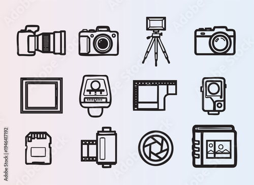 Handdrawn photography and camera equipment icons collection
