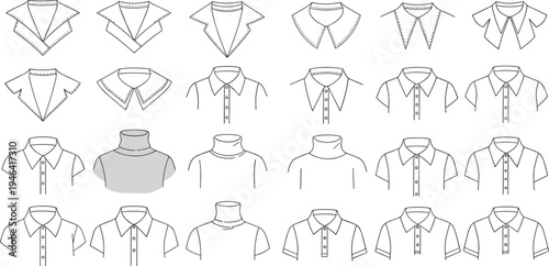 CAD drawing flat vector illustration of various shirt collar styles, technical fashion sketch, apparel design template, black and white outline