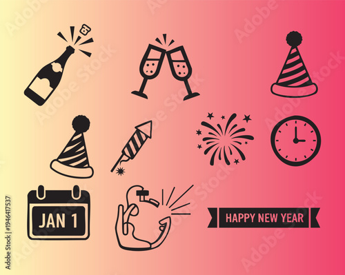 Happy new year celebration icons with party elements and symbols