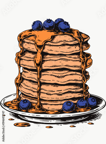 Stack of fluffy pancakes topped with fresh blueberries and syrup
