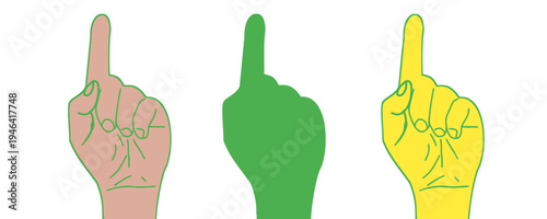Set of hand icons pointing up with index finger, diverse illustration styles of human hands gesturing number one or pointing direction, isolated on transparent background.
