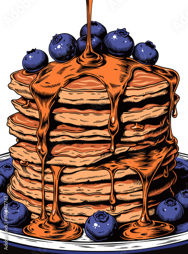Fluffy pancakes topped with fresh blueberries and maple syrup