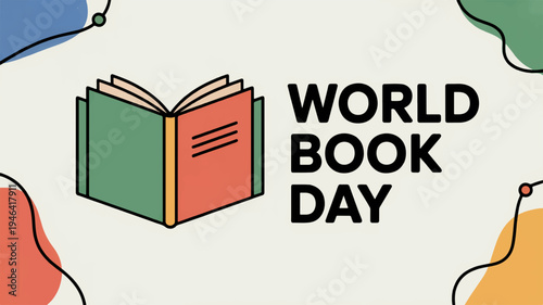 World book day celebration with colorful book icon and abstract shapes on white background