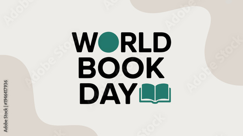 World book day logo with green book icon on beige background symbolizing reading and literature celebration