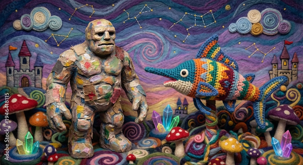 Fototapeta premium Colorful Fantasy Scene Featuring Crocheted Fish & Patchwork Giant Amidst Mushroom Forest Under Starry Sky