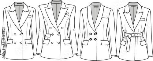 Cad drawing flat vector illustration of women’s blazer jacket collection with lapel collar, button details, pockets, belt waist, fashion design