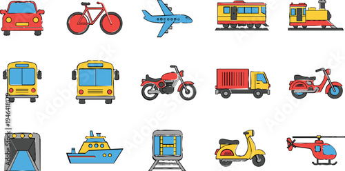 Transportation Icons Set Featuring Cars, Bikes, Airplanes, Trains, Boats, Motorcycles, Helicopters, and More for Digital Design Projects