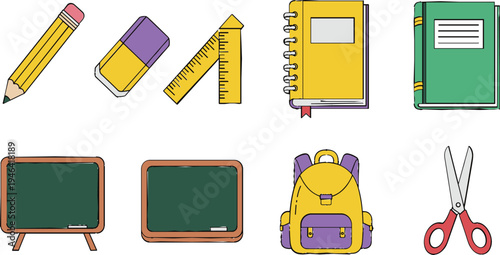 School Supplies Icons Set Featuring Pencil, Eraser, Ruler, Notebook, Backpack, Chalkboard, Scissors, and More for Education and Learning Projects