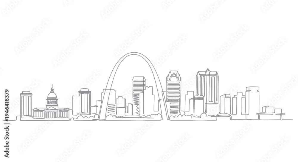 Obraz premium St. Louis Skyline Continuous Line Drawing, Gateway Arch and Buildings