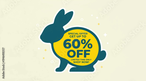 Easter Sale Bunny Silhouette Vector with 60% Off Special Offer Tag, Limited Time Discount for Spring Marketing and Promotions