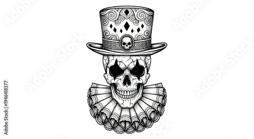 Skull Clown Top Hat Ruffle Collar Tattoo Design Sketch