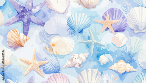 Watercolor Seamless Pattern with Various Seashells and Starfish on a Blue Watery Background