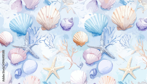 Watercolor Seamless Pattern of Seashells Starfish and Coral in Soft Pastel Blue and Purple Tones