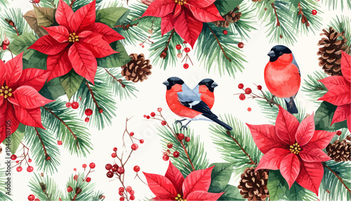 Christmas Poinsettias and Bullfinch Birds Festive Watercolor Pattern Seamless Background with Pine Branches and Cones