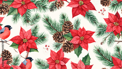 Watercolor Christmas Poinsettias Pine Branches and Bullfinch Birds Seamless Pattern Festive Holiday Background