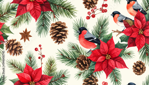 Watercolor Christmas Seamless Pattern with Poinsettias Pine Cones Birds and Fir Branches Festive Holiday Background