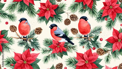 Seamless Christmas Pattern with Bullfinch Birds Pine Branches Poinsettia Flowers and Pine Cones