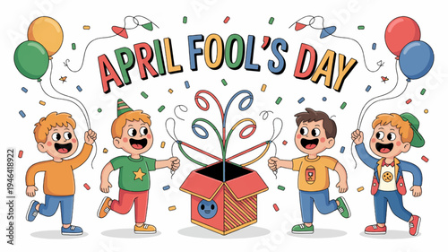 Children celebrating april fool's day with colorful balloons and confetti joyful kids around a surprise gift box